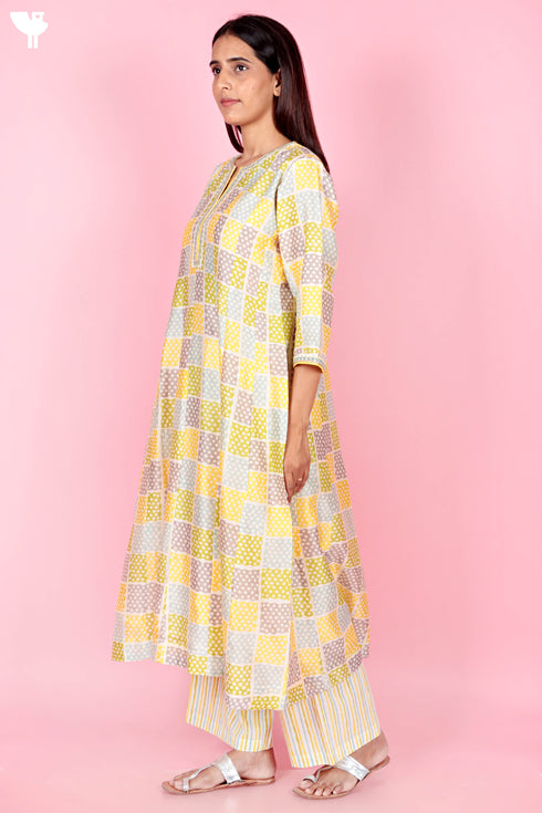 Chanderi Silk Kurta Pant Set With Dupatta Block Print